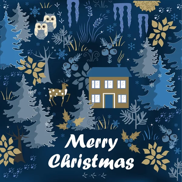 Impresionante tarjeta de Navidad de invierno Feliz con casa de noche en el bosque. Fondo de vacaciones marrón y azul con estilo. Composición de invierno para diseños navideños encantadores — Vector de stock