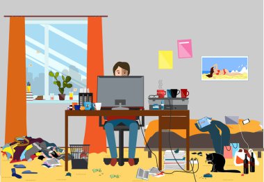 Çöp taşlarla çevrili bir dağınık Oda Illustration. Genç I.T. adam, Bachelur ya da öğrenci yaşadığı Oda