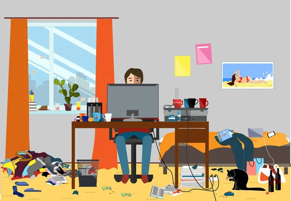 Çöp taşlarla çevrili bir dağınık Oda Illustration. Genç I.T. adam, Bachelur ya da öğrenci yaşadığı Oda