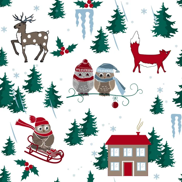 Winter seamless pattern with house, owls, fox, and forest. Vector illustration — Stock Vector