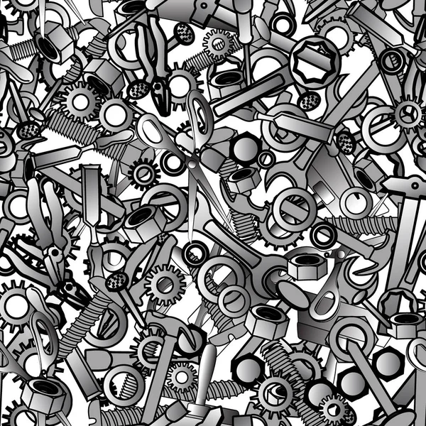 Nahtloses Muster mit handgezogenem Hammer, Muttern, Zangen, Zangen, Schlüsseln, Zahnrädern, Bolzen. Handwerkzeug Hintergrund. Vektorillustration — Stockvektor