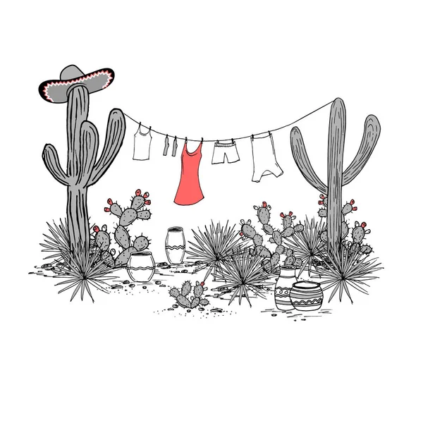 Lustige handgezeichnete Illustration mit Gläsern, Saguaro, blauer Agave, Kaktusfeige, Sombrero und Wäsche, die an einer Wäscheleine hängen. Lateinamerikanischer Hintergrund. Mexikanische Landschaft. — Stockvektor