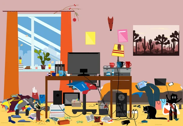 Ilustração de uma sala desorganizada repleta de pedaços de lixo. Quarto onde vive o jovem ou o estudante —  Vetores de Stock