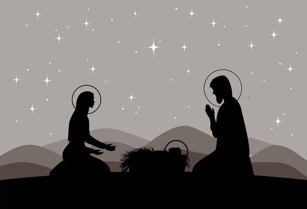 Векторная сцена Рождества. Мария с Иисусом и силуэт Иосифа
