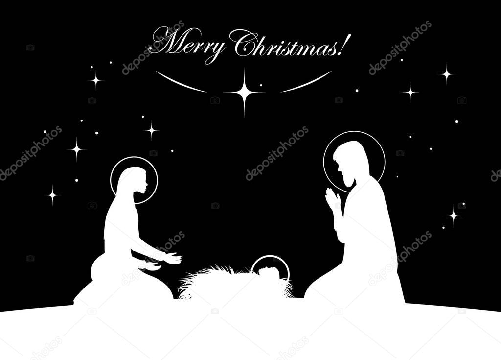 Nativity scene vector. White on black
