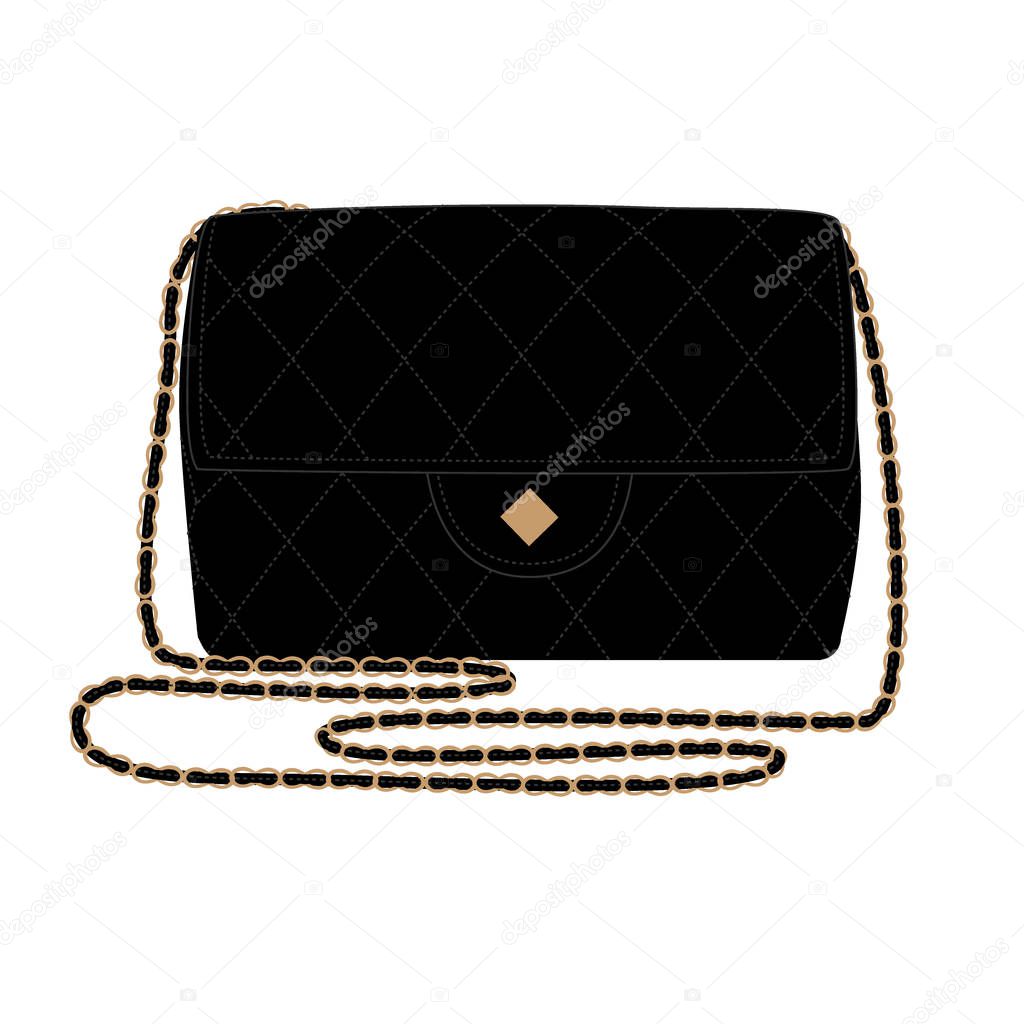 Fashion Illustration with quilt black handbag. Chanel bag vector illustration