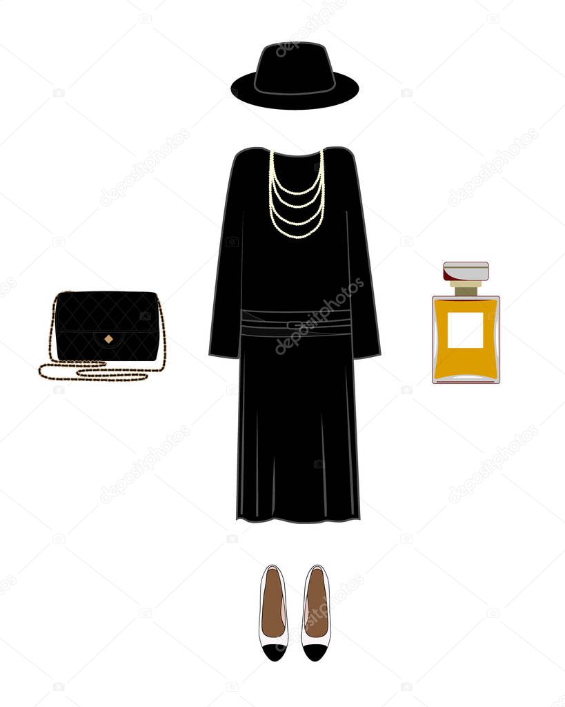 Vector silhouette of a lady classic image. Dress, shoes, hat, bag, and perfume