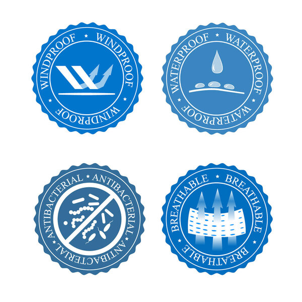 Vector icons set of fabric features. Wind proof, antibacterial, waterproof, and breathable wear labels. Textile industry pictogram for clothes.
