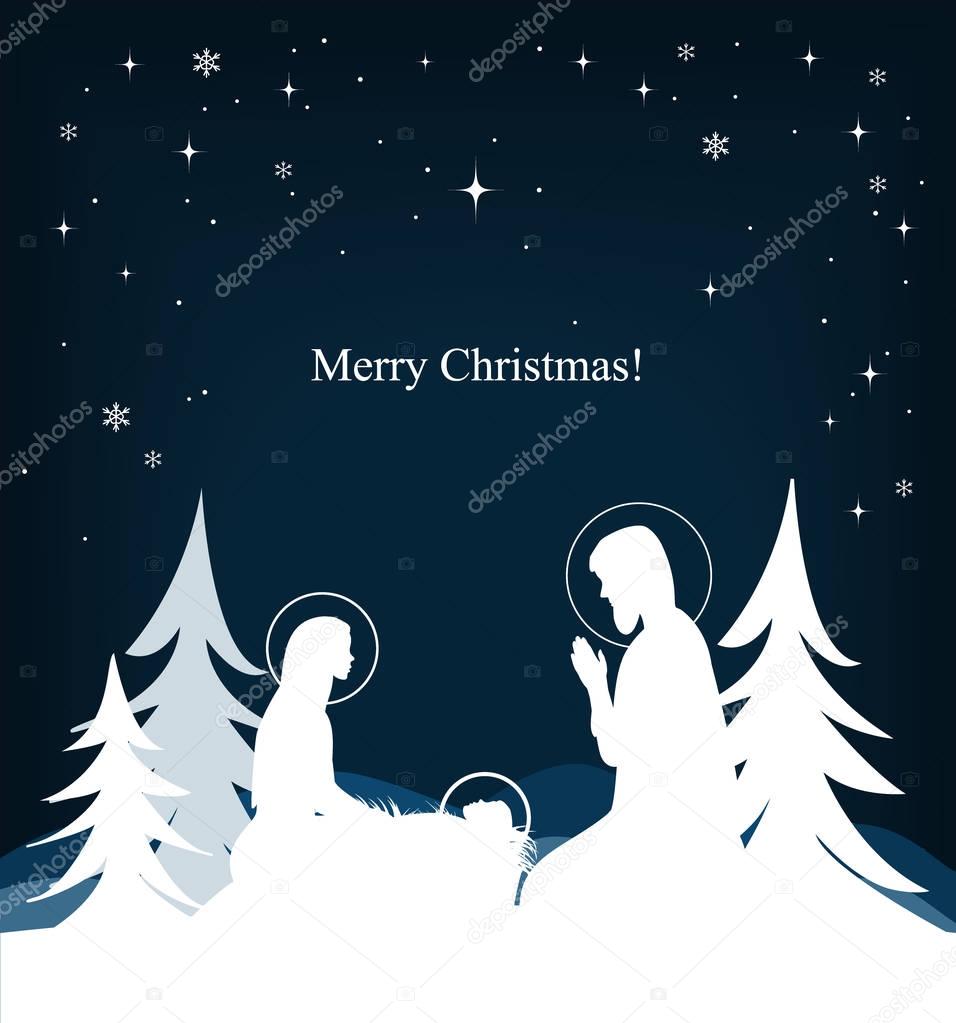 Vector nativity scene. Mary, Jesus, and Joseph silhouettes and fir-trees
