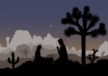 Doğum sahnesi ve Meksika gece manzarası. Saint aile, Joshua tree, kaktüs ve dağlar. Vektör çizim