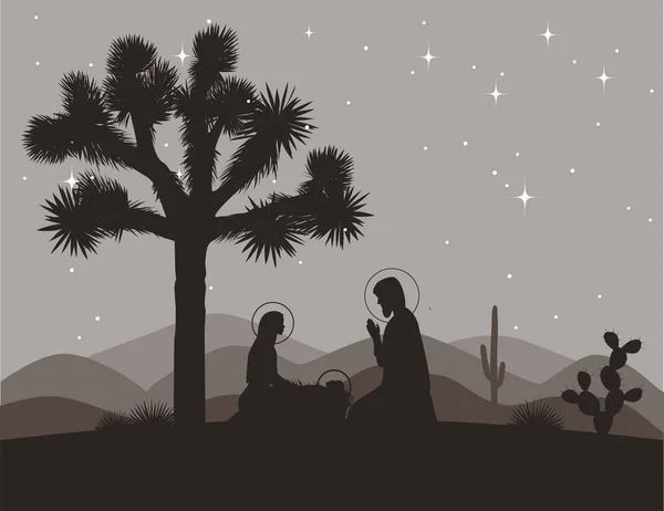 Scène de nativité inhabituelle avec Joshua Tree. Silhouettes de Sainte famille et montagnes. Illustration vectorielle, Marie, Jésus et Joseph — Image vectorielle