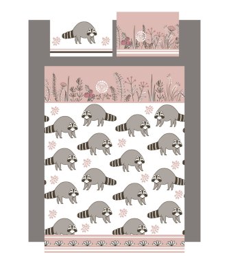 Lüks yatak takımları ile şirin rakunlar ayarla ve çiçekler, bir yorgan ve iki yastık doodle. Vektör çizim. Tüm şablonları kesintisiz gerçekleştirilir