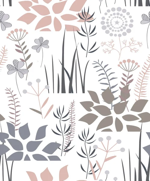 Patrón sin costura floral con plantas de garabatos, flores, arbustos y hierba. Una paleta agradable. Ilustración vectorial — Archivo Imágenes Vectoriales