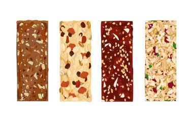 Çeşitli beyaz arka plan üzerinde izole granola barlar vektör. Sağlıklı gluten-Alerjik ve lactosa ücretsiz aperatifler. Enerji barlar vektör