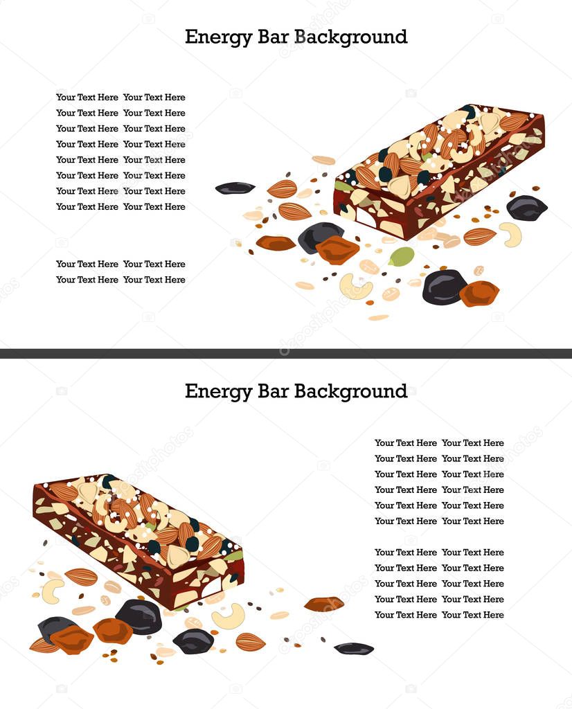 Healthy crunchy granola and nuts bar over white background. Text space