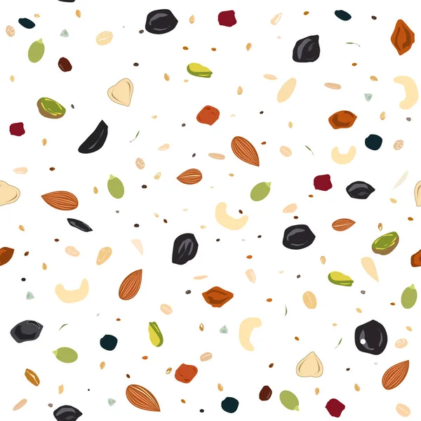 Patrón sin costuras con frutos secos, frutos secos, avena y semillas. Alimentación saludable, fondo de granola, ilustración vectorial — Vector de stock