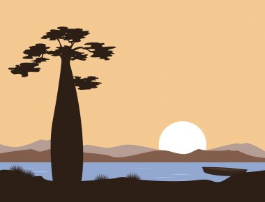 Gün batımı veya gündoğumu Afrika. Baobab ve göl. Vektör manzara. Resimde kullanılan broşürler, kartpostallar, afiş.