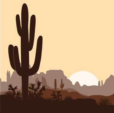 Sabah yatay saguaro kaktüs inciri ve Agav'lar Dağları'nda. Vektör çizim. Şirin kahverengi paleti