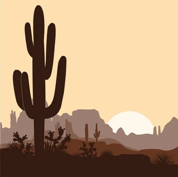 Paisagem matinal com saguaro cacti, pêra espinhosa e agaves nas montanhas. Ilustração vetorial. Paleta marrom bonito — Vetor de Stock