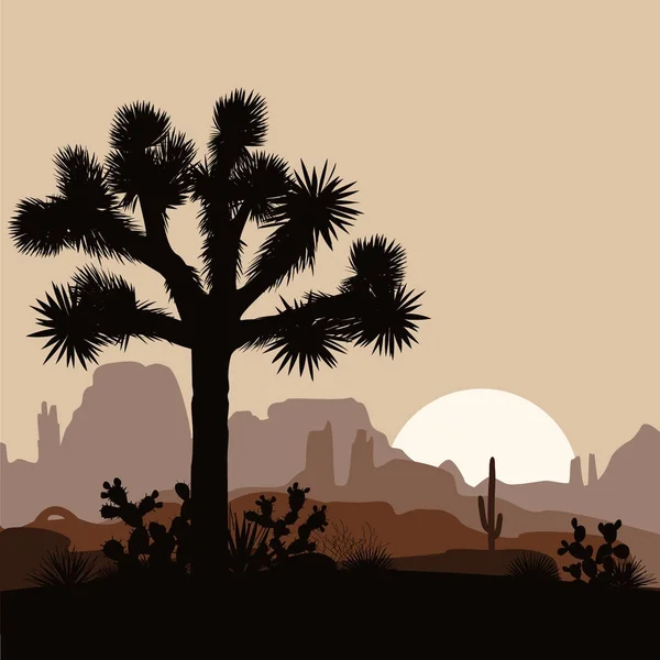 Paisaje matutino con Joshua árbol y montañas al amanecer. Ilustración vectorial . — Vector de stock