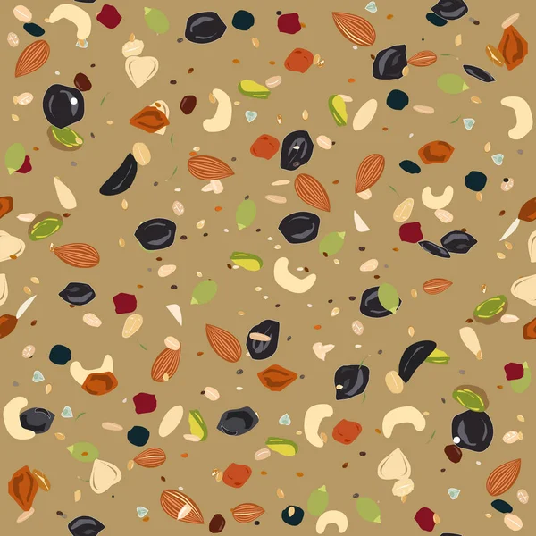 Naadloze patroon met gedroogde vruchten, noten, havermout en zaden. Gezond en eco voedsel, muesli achtergrond. — Stockvector