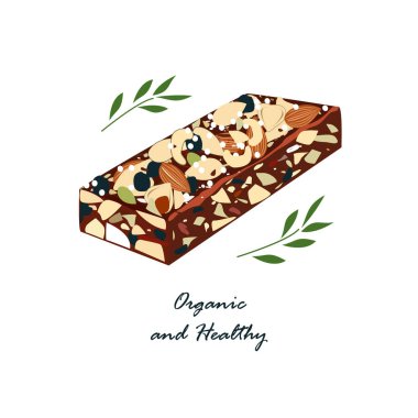 NAT'lar ve kurutulmuş meyveler üzerinde beyaz izole granola bar. Enerji barlar vektör, organik ve sağlıklı gıda amblemi. Vektör simgesi