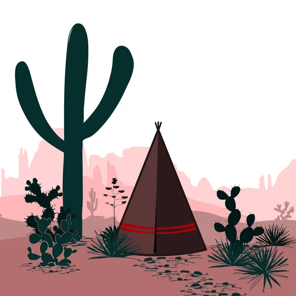 Vector banner with desert, tepee, cactus silhouetted mountains. Wild west. Cartoon illustration. Panorama. — Stock Vector