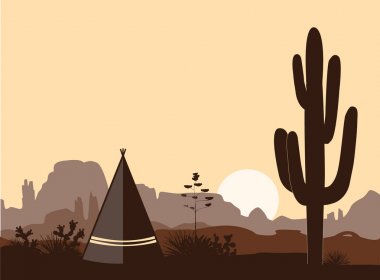 Hint Kızılderili çadırı siluet saguaro kaktüs, oğlu ve dağlar. Kabile çadır ile Amerikan manzara