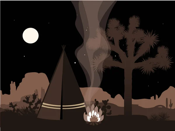 Bella illustrazione mistica amd con tepee indiano, fuoco, e la silhouette dell'albero di Joshua — Vettoriale Stock