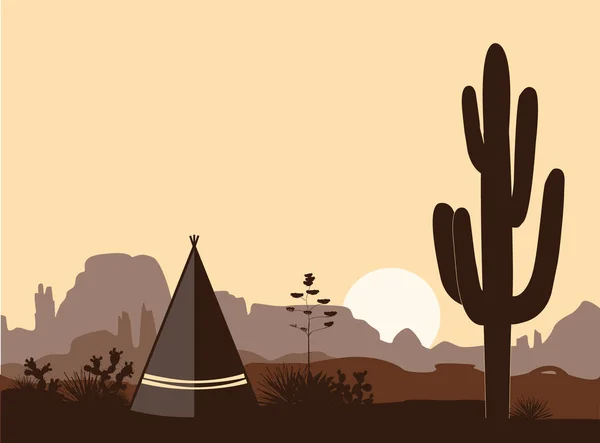 Indian wigwam silhouette with saguaro cacti, son , and mountains. American landscape with tribal tents — Stock Vector