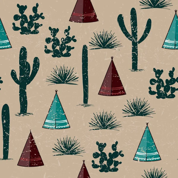 Antecedentes tribales indios. Simple wigwam plano, cactus, y hierba. Paisaje de patrón sin costuras. Diseño minimalista. Dibujos animados ilustración — Vector de stock