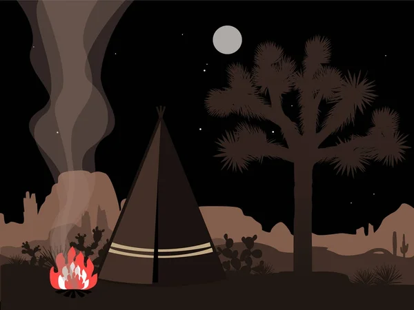 Bella illustrazione mistica amd con tepee indiano, fuoco, e la silhouette dell'albero di Joshua — Vettoriale Stock