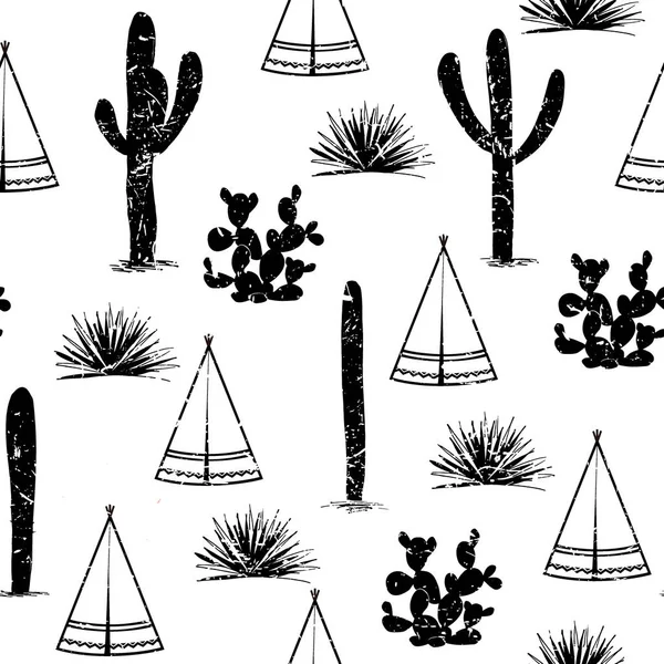 Antecedentes tribales indios. Simple wigwam plano, cactus, y hierba. Paisaje de patrón sin costuras. Diseño minimalista. Dibujos animados ilustración — Vector de stock