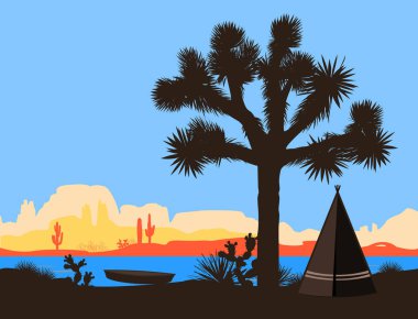Teknenin Kızılderili Kızılderili çadırı ve Joshua tree yakınındaki nehir kıyısında. Vektör çizim