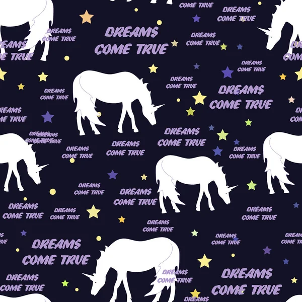Unicorns seamless pattern with stars. Vector illustration. Dreams come true text. Background for textile, bedding, wallpapers, posters — Stock Vector