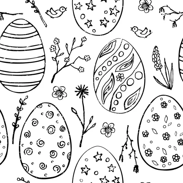 Wzór wielkanocny z doodle ozdobne jajka i motywy kwiatowe. Tło wakacje wiosna Vintage. Szkic czarno-białe. Jaja, kwiat i oddziałów. — Wektor stockowy