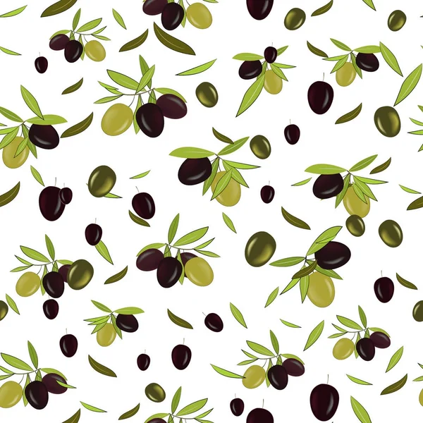 Olive branch seamless pattern, olive background. Mediterranean food wallpaper. Illustration for wrapping, wallpaper or print. — Stock Vector