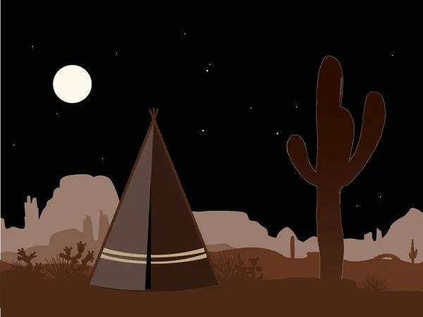 Bella illustrazione mistica amd con tepee indiano e sagoma di cactus saguaro — Vettoriale Stock