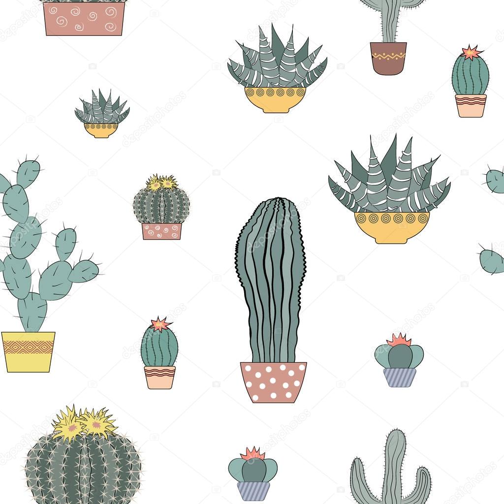 Doodle textured cactuses. Seamless pattern. Vector