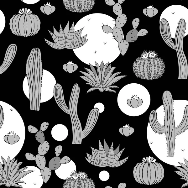 Patrón sin costura con cactus. Bosque de cactus salvaje con círculos de garabatos. Elegante paleta gris, negra y blanca — Vector de stock