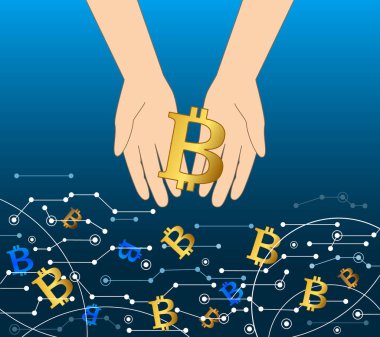 Sanal akışı, iş bitcoin kavramı parayı. Bitcoin para tutan el. Vektör çizim