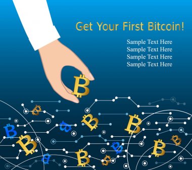 Sanal akışı, iş bitcoin kavramı parayı. Bitcoin para tutan el. Vektör çizim