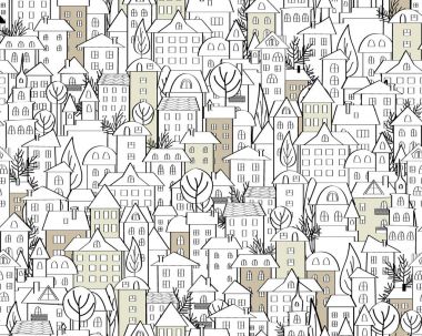 Desen ile elle çizilmiş doodle evler. Resimde şirin kasaba çatılar ve ağaçları ile. Sorunsuz arka plan siyah ve beyaz. Vektör