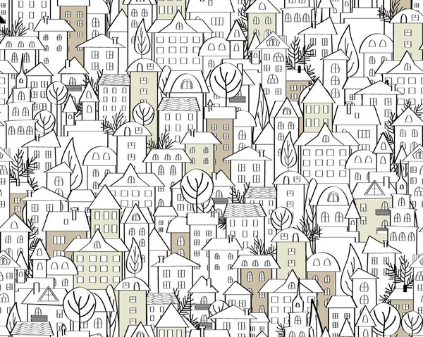 Patrón con casas de garabatos dibujadas a mano. Ilustración con lindos tejados y árboles de la ciudad. Fondo sin costuras en blanco y negro. Vector — Archivo Imágenes Vectoriales