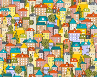 Çizgi film ve çatılar ile sorunsuz şehir desen