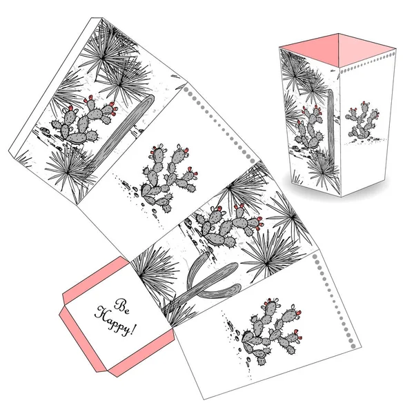 可爱的爆米花盒用手绘草图仙人掌。喜欢, 礼品盒。只是打印, 切出, 并粘合在一起. — 图库矢量图片