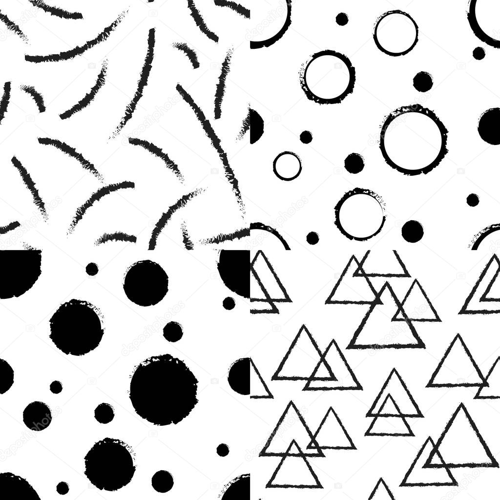 Black and white geometric seamless patterns set. Backgrounds set with grange lines, triangles, circles, and dots