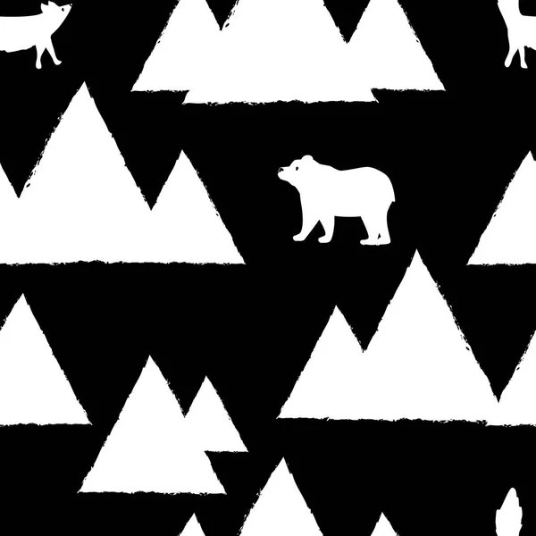 Белые медведи и лисы с треугольными абстрактными горами. Симпатичный безшипный узор для открыток, праздничной оберточной бумаги, текстиля, обоев. Векторный фон — стоковый вектор