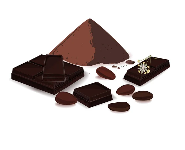 Vectorillustratie, banner met cacao poeder, chocolade bar en cacaobonen. Afdrukken, sjabloon, ontwerpelement voor verpakking en reclame — Stockvector