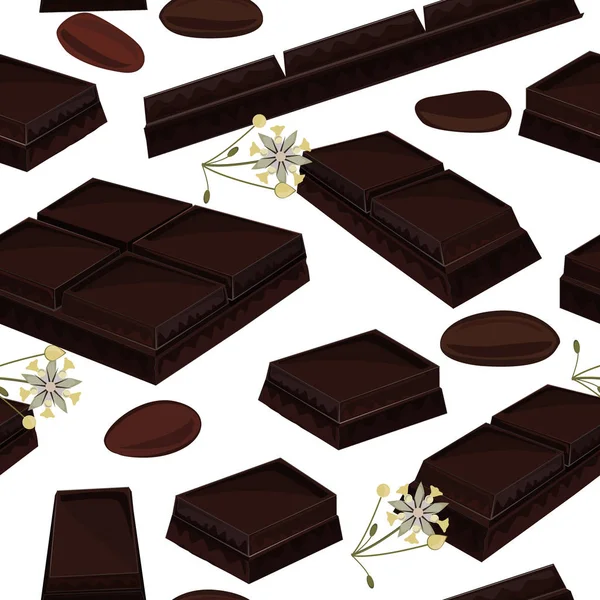 Sömlös bakgrund med bit svart chokladkakor, kakao blommor och kakaobönor. Vektorillustration — Stock vektor